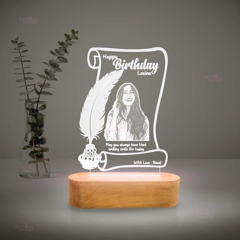 Personalized Birthday Gift Lamp | Customized with Photo Name & Text | Engraved Night Lamp Gift for Loveable Person (Cool White Light)